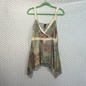 L8er Clothing Green, Pink & Cream Floral V-Neck Sleeveless Flowing Blouse